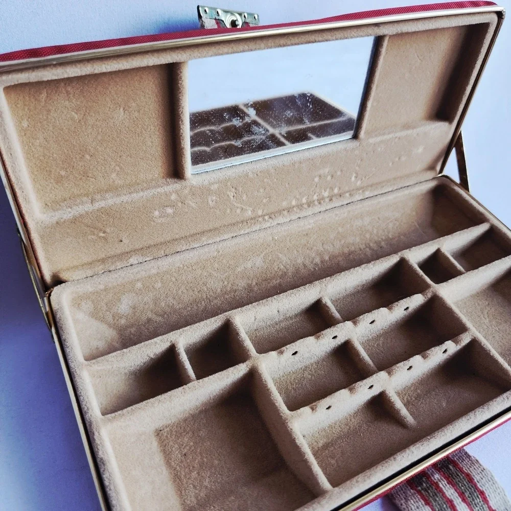 Vintage MCM Red Jewelry Box Travel Case Mirror 1960s Retro Canvas Organiser Mod